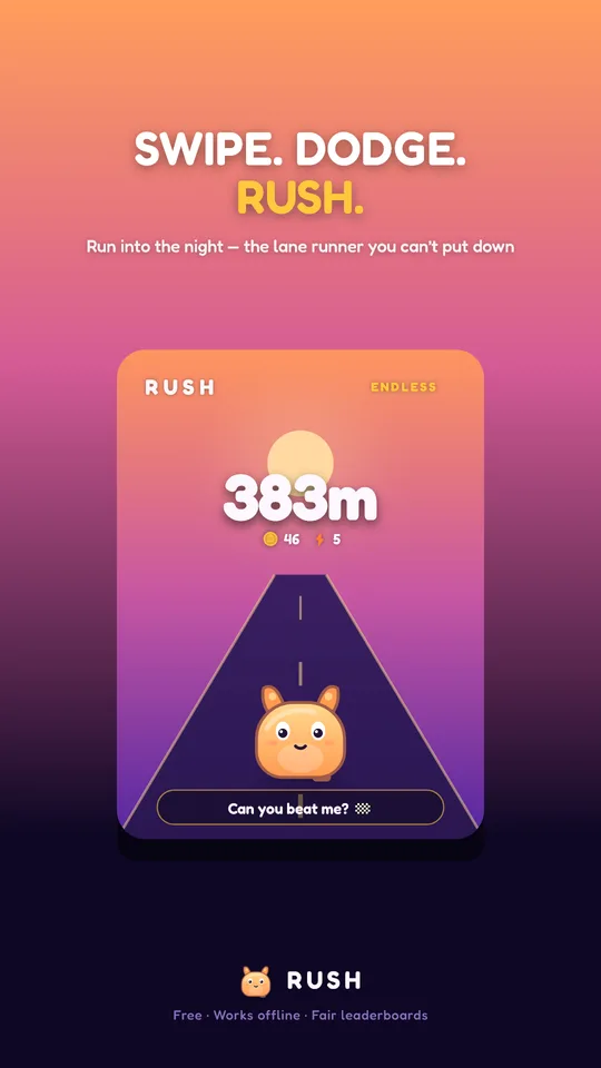 Rush gameplay — the runner on a sunset road